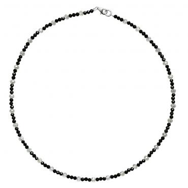 I-be, Schwarzers Spinell Collier/ Kette tiefschwarz Ø 3 mm mit Bergkristall, 925 Sterling Silber Karabinerverschluss, Länge 45 cm im Geschenketui 446603 Kristall 