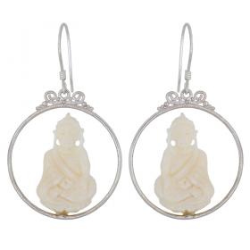 I-be, Elfenbein Imitat, handgeschnitzte Wasserbüffel Knochen Ohrringe Budha, 925 Silber, 3999 Budha 