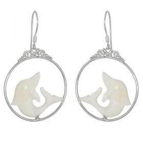 I-be, Elfenbein Imitat, handgeschnitzte Wasserbüffel Knochen Ohrringe Delphin, 925 Silber, 3999 Delphin 
