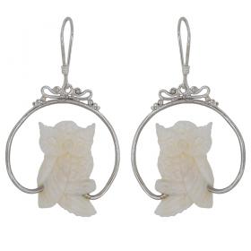 I-be, Elfenbein Imitat, handgeschnitzte Wasserbüffel Knochen Ohrringe Eule, 925 Silber, 3999 Eule G 