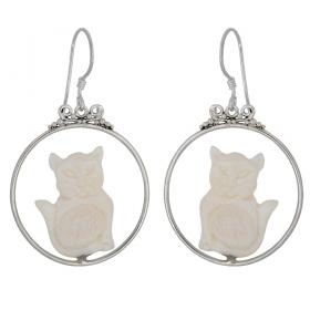 I-be, Elfenbein Imitat, handgeschnitzte Wasserbüffel Knochen Ohrringe Katze, 925 Silber, 3999 Katze 