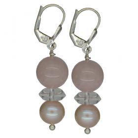 I-be, Rosenquarz, Bergkristall, Süßwasserperlen Edelstein Ohrringe, 925 Silber, Länge: 4,2 cm, 381153150768 