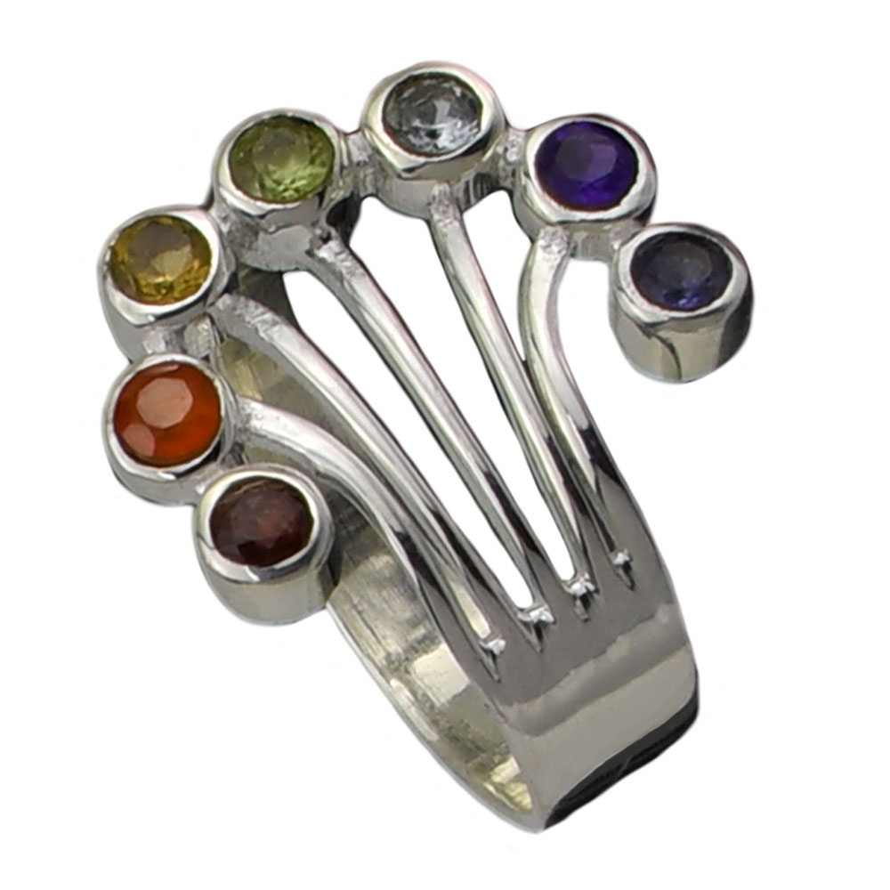 SamWo  I-be, Chakra Ring 7 echte Edelsteine, 925 Silber, 10